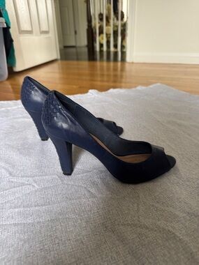 Elliot Lucca soft leather Navy Peep-Toe Pumps with back detail